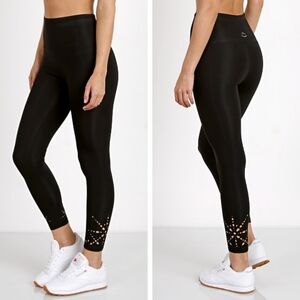 Beyond Yoga Knit Down High Waisted Midi Legging Black lasercut cuffs size XS